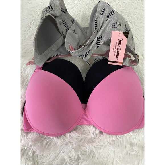 Juicy Couture Bra Size 40D 3 Pack Pink Black Gray Logo Print Underwire Confort - Picture 11 of 13